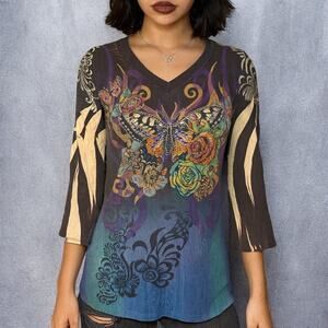 Vintage Y2K B.L.E.U. Bedazzled Butterfly Floral 3/4 Sleeve Top Small